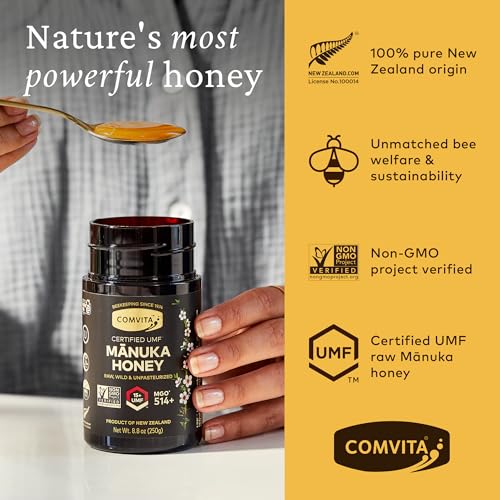 Comvita Manuka Honey UMF 15+ (MGO 514+) Raw, Monofloral - 250g (8.8 Oz) | Raw Manuka Honey New Zealand, Pure Unpasteurized Honey, Superfood for Immune Health, Wild, Use in Tea, Non-GMO