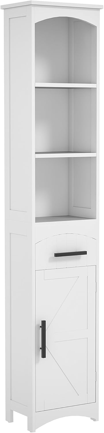 HOMCOM Tall Bathroom Storage Cabinet, Farmhouse Bathroom Cabinet, White | Narrow, Recessed Drawer, Barn Door