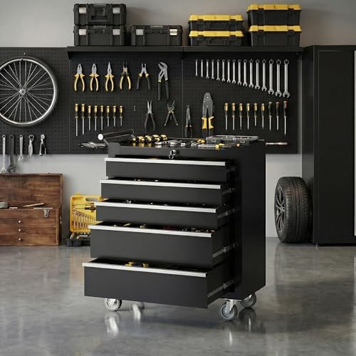 Rolling Tool Chest with Wheels, 5 Drawer Tool Storage Cabinet, Portable Toolbox Organizer with Lock, Heavy Duty Tool Chest Cart for Garage, Mechanic, Workshop, Shop, Mobile Tool Organizer, Black