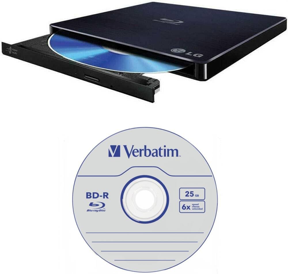 LG 6X WP50NB40 External Portable Blu-ray Burner in Retail Box Bundle with 25GB Verbatim M-Disc BD-R and Cyberlink Burning Software