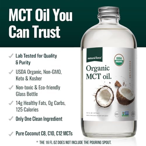 Natural Force Organic Pure C8 + Organic Full Spectrum MCT Oil – USDA Organic, Non GMO, 100% Pure Coconut MCTs – Keto, Paleo, Vegan