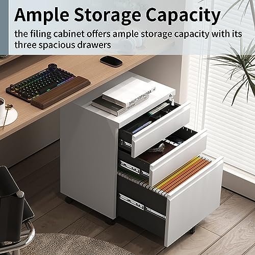 Approgreent Mobile File Cabinet for Home Office, Lockable 3 Drawer Filing Cabinet with Wheels for A4-Size/Letter-Size/Legal-Size