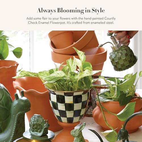 MACKENZIE-CHILDS Enamel Flowerpot, Black-and-White Courtly Check | Hand-painted design, made from enameled steel, decorative garden pot for flowers