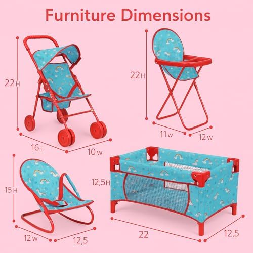 fash n kolor 4 Piece Baby Doll Play Set Flower Design Includes - Foldable Pack N Play, Baby Doll Stroller, Baby Doll High Chair, Infant Seat, Fits Up to 18'' Doll 4 Piece Doll Accessories Set