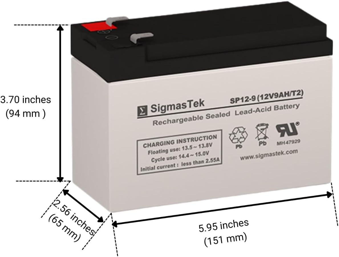 SigmasTek SP12-9 - 12V 9AH F2 SLA Battery - Replaces: Universal Power UB1290 (40748), UB1280HR (D5785), B&B Battery BP8-12, HR9-12, Vision CP1290, Yuasa NP9-12