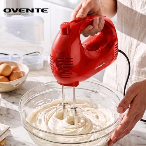 OVENTE 5-Speed Electric Hand Mixer with Storage Case,150W, White HM151W | Stainless Steel Whisks, Compact Portable Design, Lightweight Handheld Mixer for Baking & Cooking