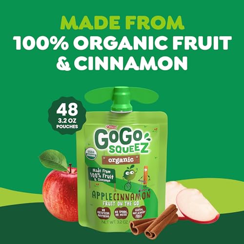 GoGo squeeZ No Sugar Added Organic Applesauce, Apple Apple, 48 Count | Kids on the go fruit snack made with applesauce & fruit puree; 3.2 oz pouches, gluten and nut free, recloseable cap, BPA-free