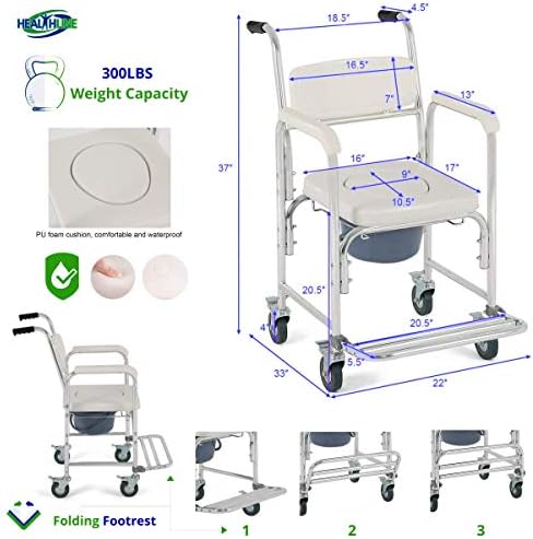 HEALTHLINE Shower Bedside Commode Chair Padded Seat With Wheels by Healthline