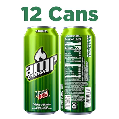 Mountain Dew AMP Energy Drink, Original, 16 fl oz cans (12 Pack) | Energy Drink with Caffeine & B Vitamins, Packaging May Vary