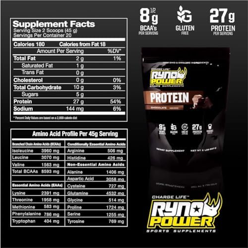 Ryno Power All Natural Whey Protein 2lb (20 Servings) 'Chocolate' - 100% Whey Protein Blend & No Fillers - Non GMO