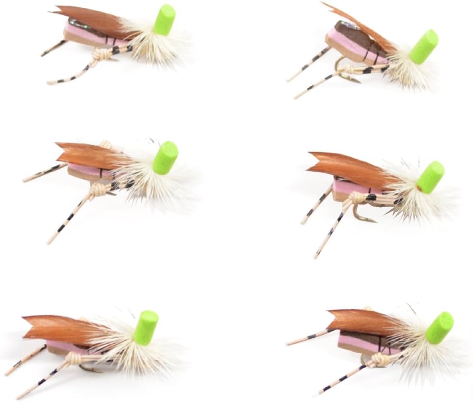 The Fly Fishing Place Green Top Hopper Trout Bass and Panfish Fly Fishing Flies - High Visibility Foam Body Grasshopper Indicator Dry Fly - 6 Flies