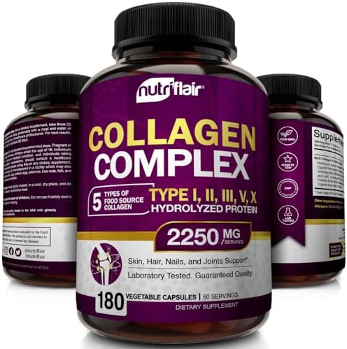 NutriFlair Multi Collagen Peptides 2250mg - Type I, II, III, V, X - Collagen Supplements Complex Powder Pills for Women and Men - Hydrolyzed Protein