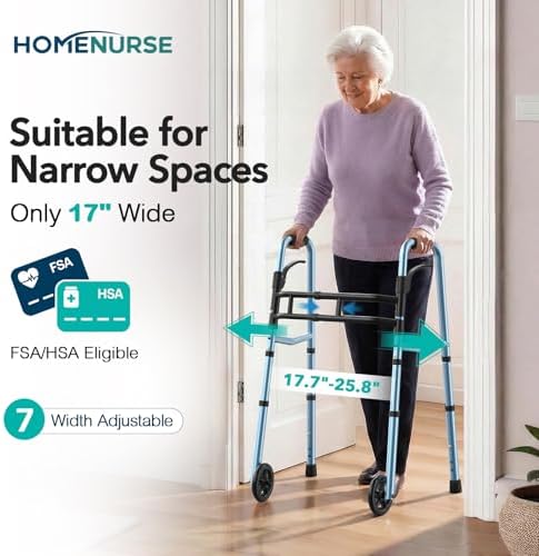 HOMENURSE Folding Walkers for Seniors with Skis, Width & Height Adjustable | Narrow Walker with 5" Wheels for Small Spaces, Aluminum Lightweight Standard Rolling Walker, Supports Up to 300lbs, Silver