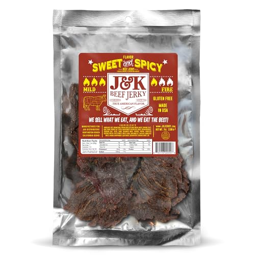 J&K Sweet and Spicy Beef Jerky - Hand Crafted Small Batch American Made Slab Beef Jerky - Bold & Flavorful Snack! - 7oz Big Bag