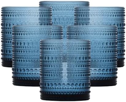 FORTESSA Jupiter Beaded Hobnail Glass Vintage Themed Drinkware Set, 10 Ounce Double Old Fashioned Glass (Set of 6), Dishwasher-Safe, Blue
