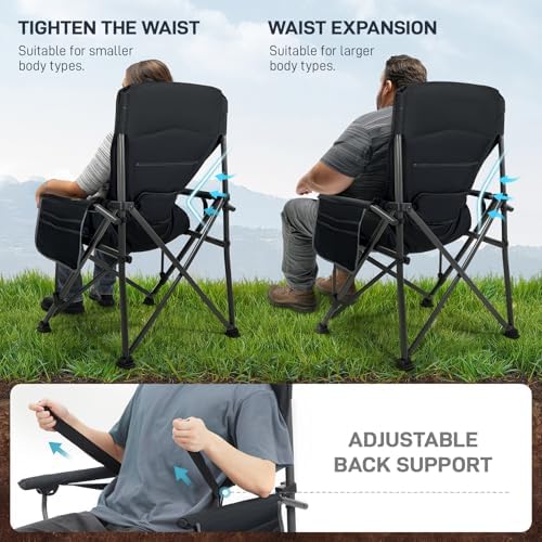 EVER ADVANCED Oversized Folding Camping Chair for Adults with Adjustable Lumbar Support, Heavy Duty Chair with Side Pockets, Portable Collapsible Quad Chair for Outside