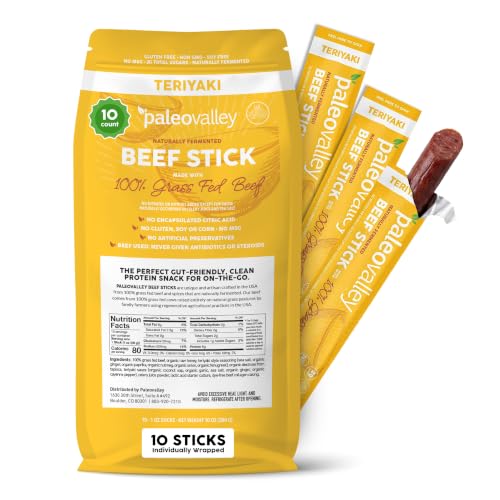 Paleovalley 100% Grass Fed Beef Sticks, Protein Snacks, Original | 10 Count, Individually Wrapped, Naturally Fermented, Gluten Free, Keto and Paleo, Made With Simple Ingredients, 6g Protein