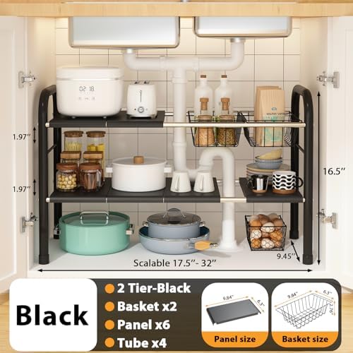 Expandable Under Sink Organizer, 2 Tier Under Sink Shelf | With 2 Removable Baskets and 6 Removable Panels