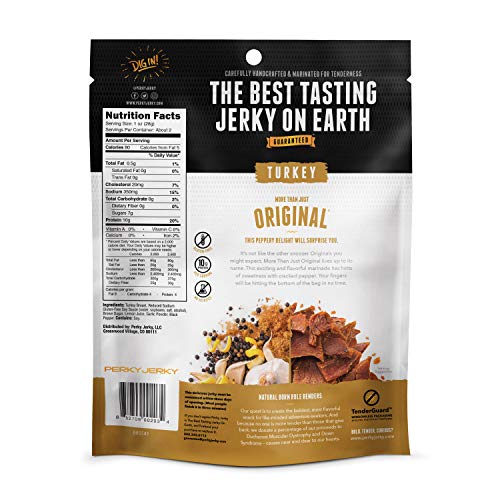 Perky Jerky Original Turkey Jerky, Low Sodium - 10g Protein per Serving - Low Fat - 100% U.S. Sourced - Tender Texture and Bold Flavor, 2.2 Ounce (Pack of 12)