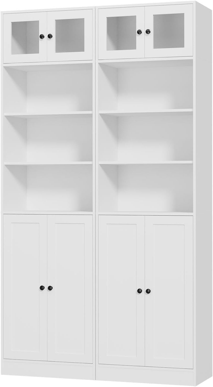 TUSY 85.5 Inch Tall Bookshelf with Doors - 7 Tier Bookcase with Glass Doors and Drawer, 23.6" Wide Storage Cabinet with Open Shelves for Living Room, White Book Shelf for Home Office, Study (AAAA)