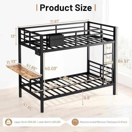 Twin XL Bunk Bed with Foldable Desk, LED Lights & Charging Station, Black | Upper Bunk Storage & 2 Drawers, Safety Guardrails with 4 Hooks, Space-Saving Design for Kids and Teens