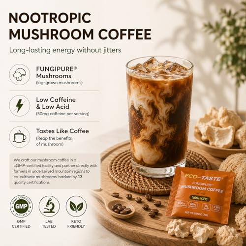 ECO-TASTE Mushroom Coffee Mix for Focus, 12 Sachets