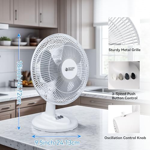 BEYOND BREEZE Oscillating Table Fan for Bedroom, 12-Inch & 3 Speeds, White