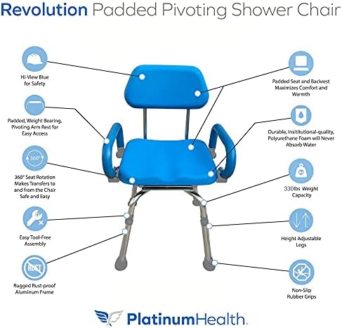 Swival Shower Chair with Padded seat for Inside ShowerFor Senior, Bath Seat | Sit Securely While Bathing - Blue, padded seat, padded armrests, swivel seat, tool-free assembly, 600 lb