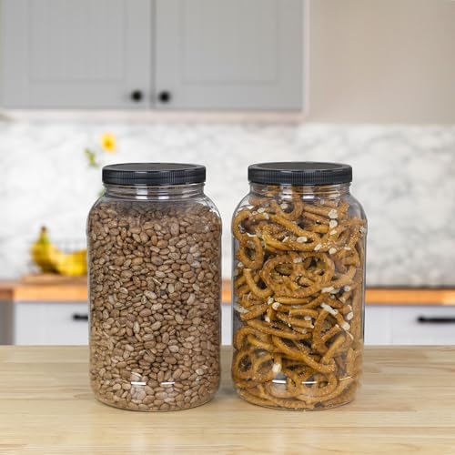 Cornucopia Brands Gallon Plastic Jars (2-Pack); Clear Round Containers w/Black Ribbed Lids, BPA-Free 4-Quart Large Size