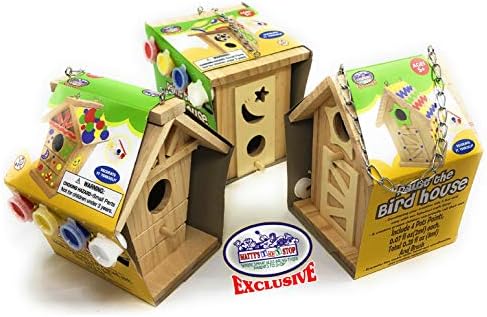 Matty's Toy Stop Paint Your Own Small Wooden Birdhouses (Includes Paints & Brushes) Gift Set Bundle - 3 Pack