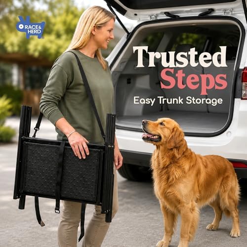 Race&Herd 18.5" Stairs for Dogs to Get in Car — Folding Dog Steps (Onyx) | Dog Stairs for Large Dogs