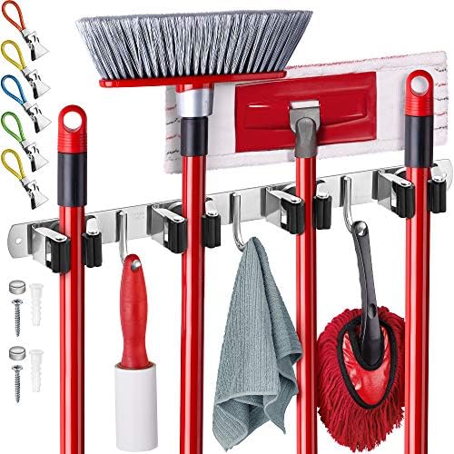 Wall Mount Hanger for Brooms & Mops - Adhesive Stainless Steel Mops & Broom Holder, 4 Clamps, 3 Hooks