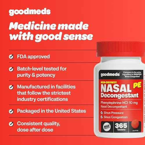 Nasal Decongestant PE Non-Drowsy for Adults | Maximum Strength Phenylephrine HCl 10mg to Relieve Sinus Pressure from Cold or Allergies | Comparable