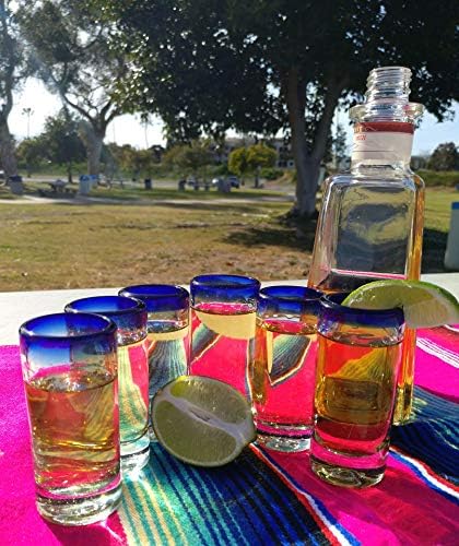 Hand Blown Mexican Tequila Shot Glasses – Set of 6 Cobalt Blue Rim Tequila Shot Glasses (2 oz each)