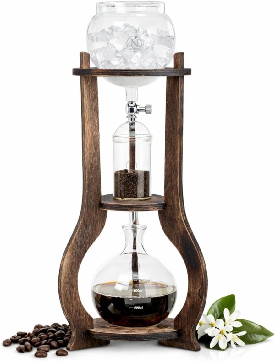 Nispira Iced Coffee Cold Brew Drip Tower Coffee Maker, 6–8 Cup Manual Cold Brew Brewer with Adjustable Valve, Wooden Frame & Glassware, Slow Cold Extraction System