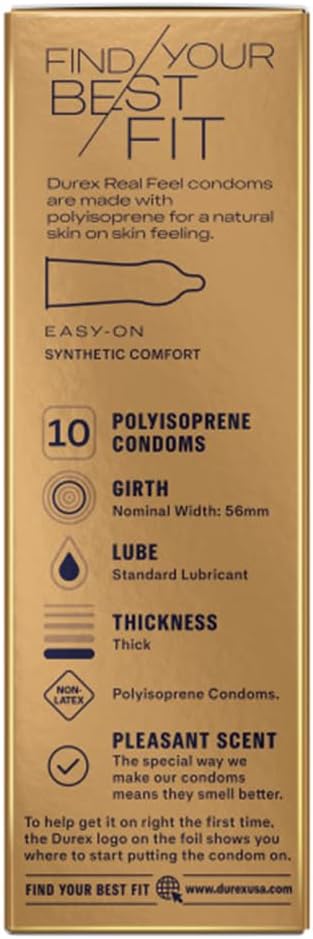 Durex Real Feel Non Latex Condoms, Lubricated Latex Free Condoms for Men, Natural Skin on Skin Feeling, 10 Count