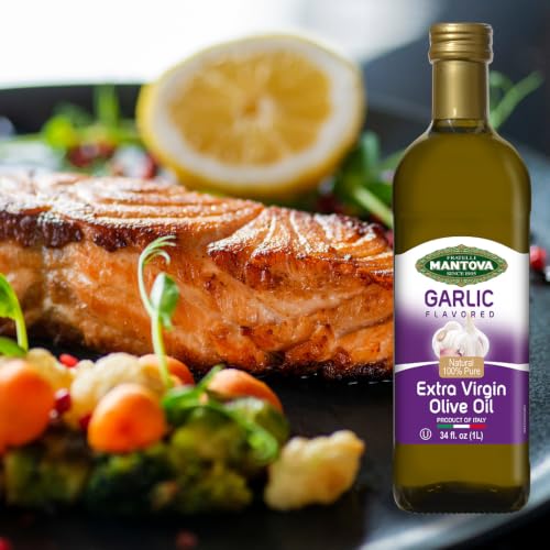 Mantova Garlic Extra Virgin Olive Oil (EVOO) - Cold-Pressed, Premium Quality, Imported from Italy - Perfect for Topping Salads, Vegetables, Pasta Salad, Dipping Italian Bread, or Pan-Frying (Pack of 1)