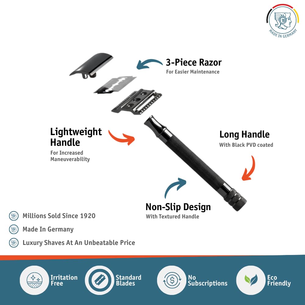 MERKUR 23C Double Edge Safety Razor - Polished Chrome, Long Knurled Brass Handle, Made in Germany, Plastic-Free, Three Piece Design, Closed Comb, Straight Bar