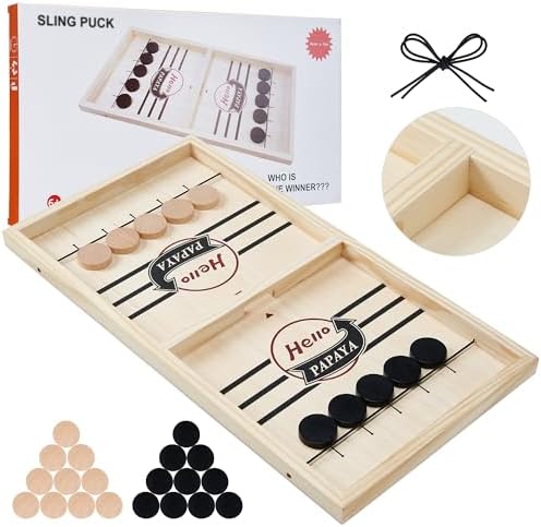 HELLO PAPAYA Fast Sling Puck Game - Test Your Speed and Accuracy with This Fast-Paced Wooden Air Hockey Desktop Battle Board Game - Guaranteed Fun