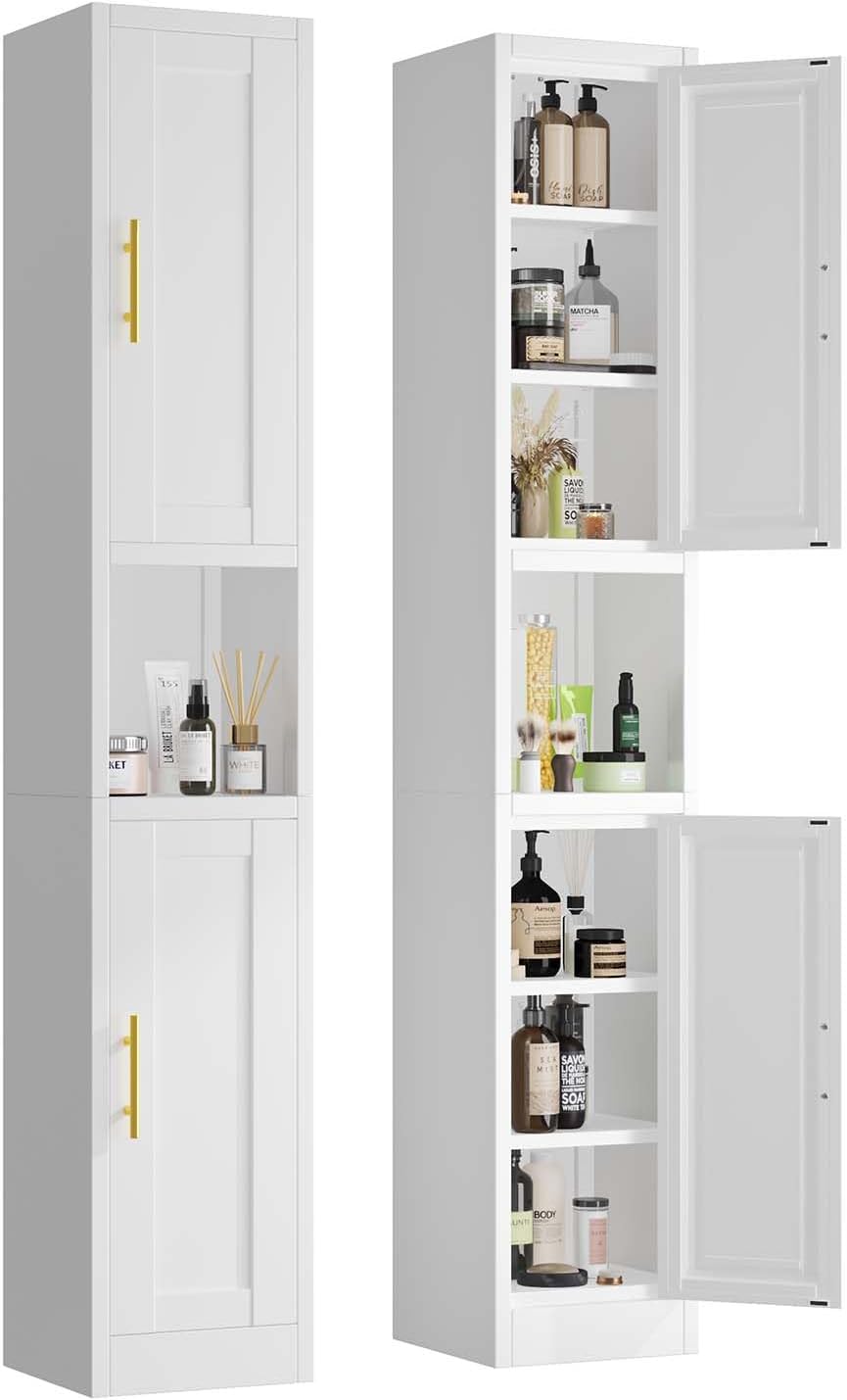 pozdeg 67" Tall Narrow White Metal Storage Cabinet | 2 Doors, 4 Adjustable Shelves, Freestanding Slim Pantry Organizer for Bathroom Kitchen Living Room