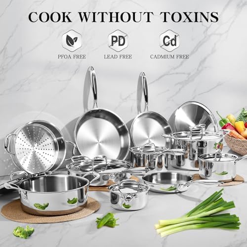 EWFEN Stainless Steel Cookware Set, 3 Ply 17 Piece Stainless Steel Pot and Pan Set, Oven Dishwasher Safe | Induction Compatible Frying Pans, Saucepans