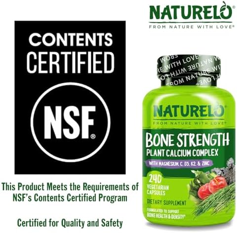 NATURELO Calcium Supplement with Vitamin C, D3, K2, 120 Vegetarian Capsules | Magnesium & Zinc for Bone Strength,Plant-Based Calcium 600mg , Non-GMO, Soy & Gluten-Free