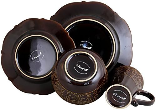 Elama Round Decorated Stoneware Scallop Embossed Dinnerware Dish Set, 16 Piece, Luna