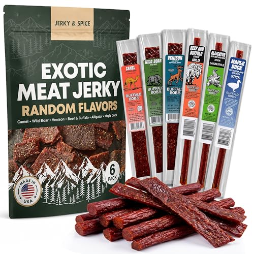 Buffalo Bob's Exotic Meat Random Flavors - Beef Jerky Variety, 6-Pack | Sampler Set, Gift Basket for Men, Hunting & Camping Adventure, Stocking Stuffers, High Protein Snack, Gluten-Free Diet