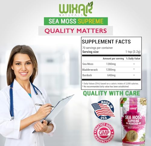 Wixar Wildcrafted Sea Moss Powder – (8 Ounces) – Natural Irish Sea Moss and Bladderwrack with Burdock Powder - Thyroid Support, Healthy Skin