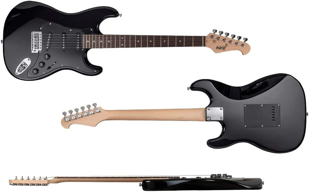 Monoprice Cali Classic Electric Guitar - Black 6 Strings, Double-Cutaway Solid Body, Right Handed, SSS Pickups, Full-Range Tone, With Gig Bag