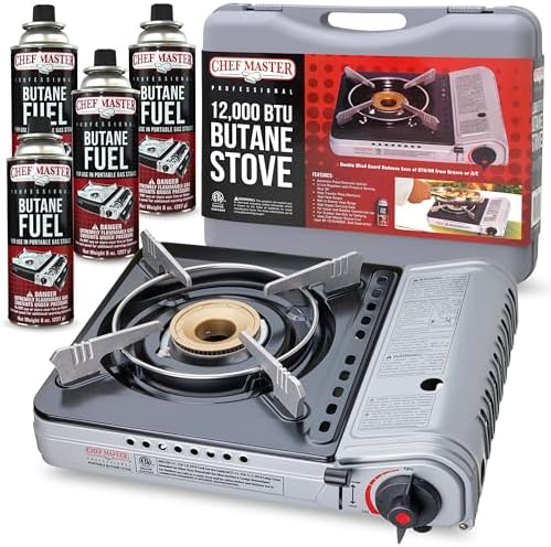 Chef Master 12,000 BTU Portable Butane Stove - Gas Burner for Camping & Outdoor Cooking - Countertop Cooktop with Carry Case, Wind Guard & Electronic Ignition - Portable Cooker & Burner Stove – 90235