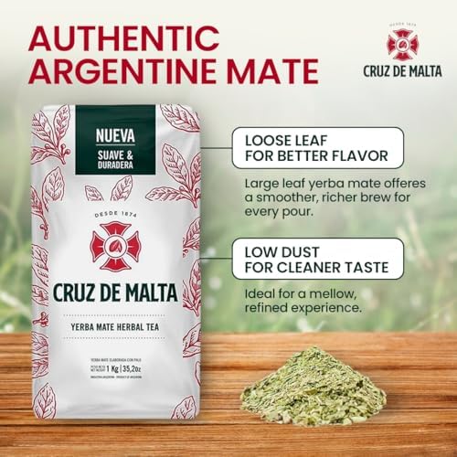 Cruz de Malta Yerba Mate Loose Leaf Tea 2.2 Lb - 1Kg - Pack of 2 | Large leaf, low dust for a smoother traditional mate. U.S. retail packaging