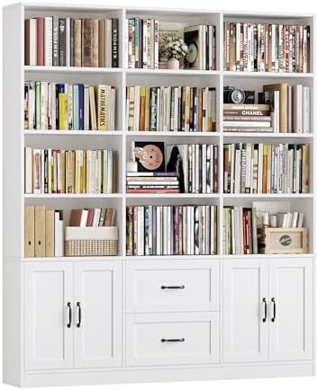 HOSTACK 71" Tall Triple Wide Bookshelf with Storage Drawers & Doors, Green | Large Bookcase with Cabinet, Modern 6-Tier Open Display Shelves, Wood Book Shelf for Living Room, Home Office