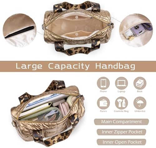 Quilted Gold Crossbody Tote Bag, Puffy Purses Top Handle Handbags, Puffer Shoulder Bag for Women